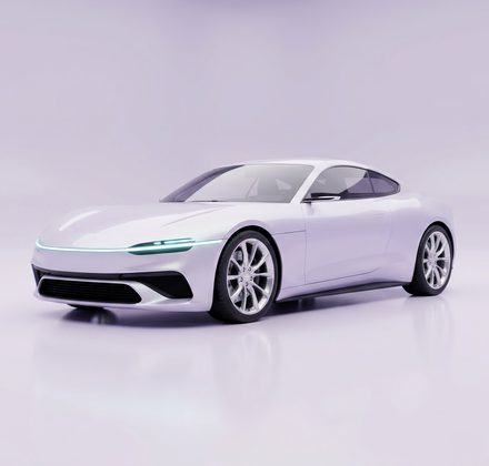 An S5motors coupe in lilac pearlescent paint, three-quarter front view